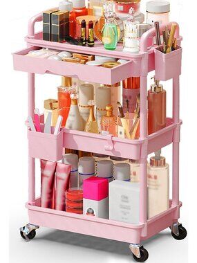 Rolling Makeup Organizer Cart with Drawers - Skincare & Cosmetics Storage, Pink